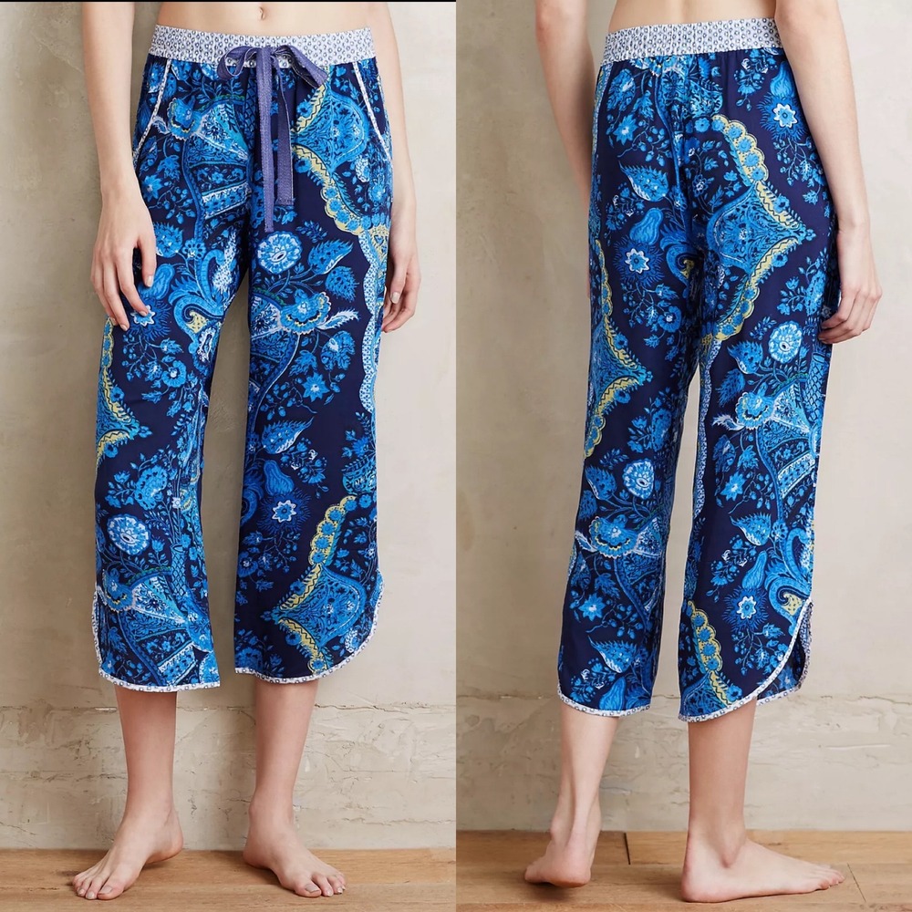 Anthropologie Eloise Cadiz Wide Leg Capri Pants Blue Womens Size Medium Bohemian